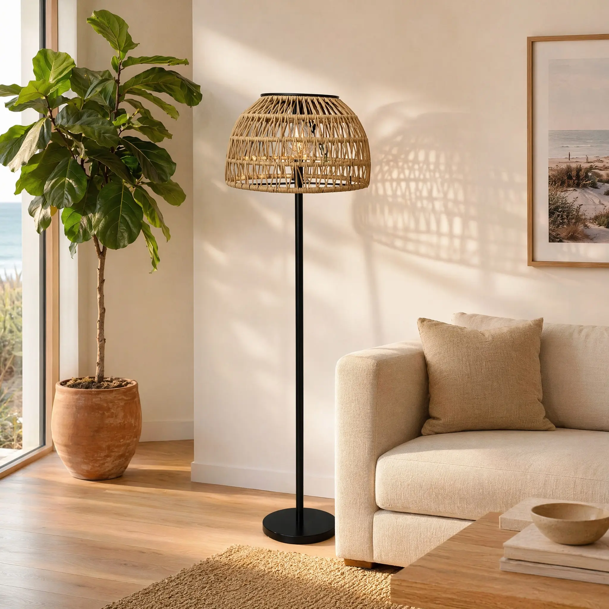 Rattan Floor Lamp, Dimmable Boho Floor Lamp, Farmhouse Arc Standing Lamp with Adjustable Rattan & Fabric Shades, Modern Tall Lamp for the Living Room, Bedroom, Office, or Reading Room, Bulb Included