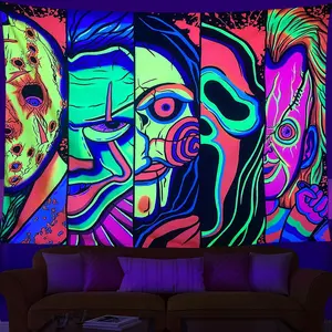 ARTCREATOR Black Light Art Halloween Wall Decor Trippy Blacklight Horror Face Tapestry, UV Reactive Tapestries Glow in The Dark Party Tapestry for Bedroom, Living Room (29" x 37")
