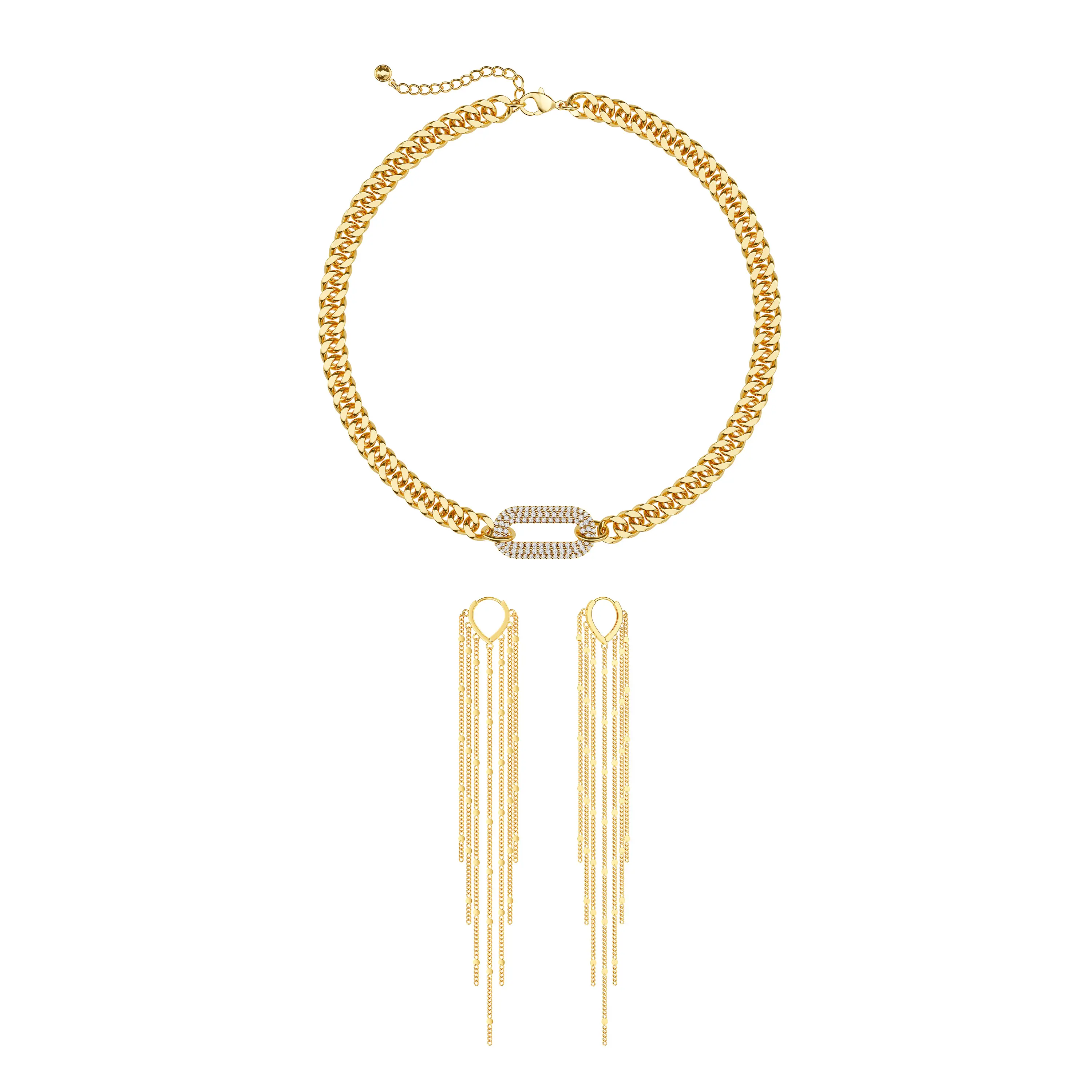 Dearmay Glam Style Necklace & Earrings Set for Women, Gold Plated Chunky Statement Choker with Pavé Crystal Paperclip Pendant & Layered Tassel Drops, Hypoallergenic