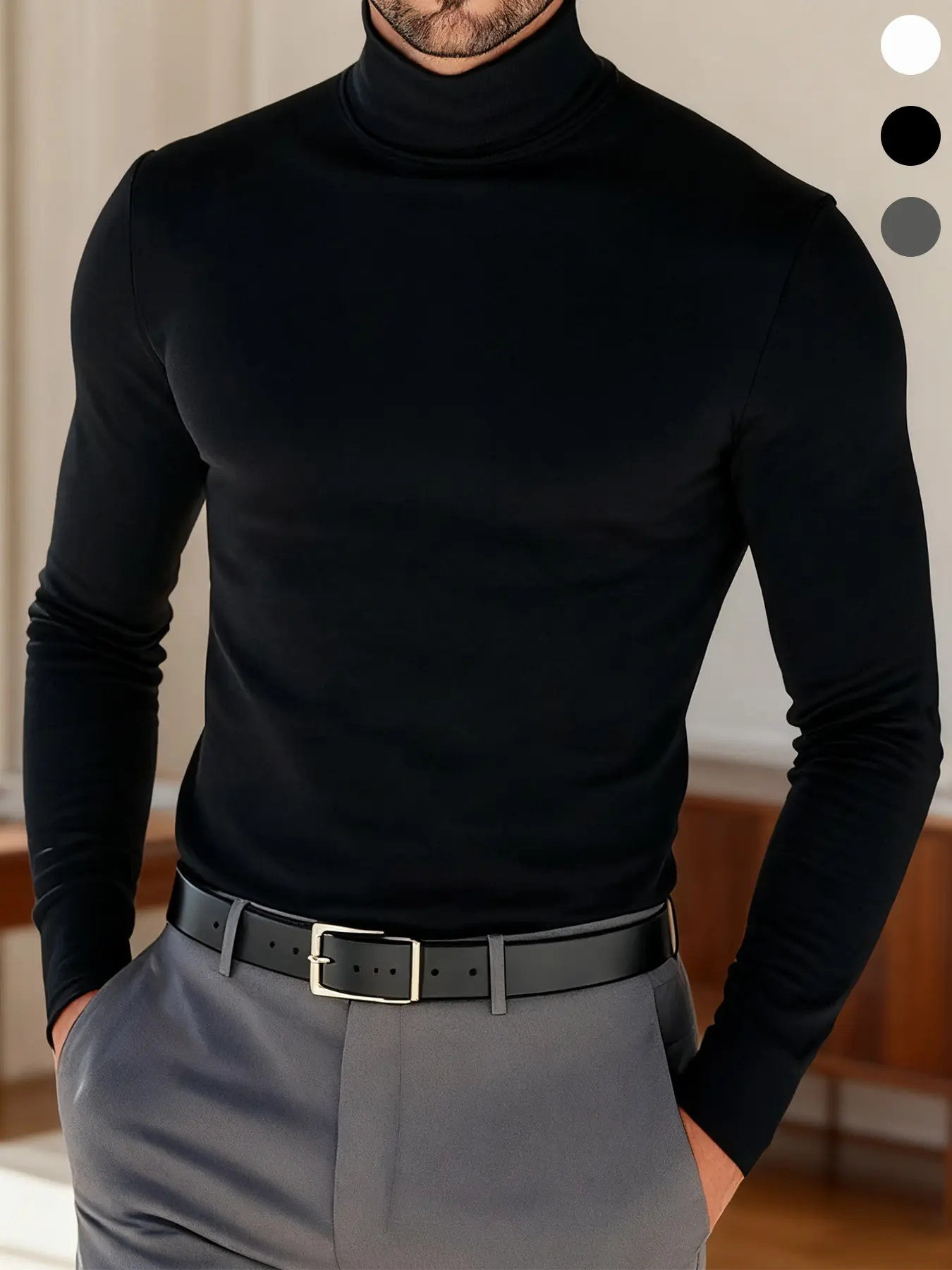 Men's High Neck Long Sleeve Plain Shirt, Simple Style, Slim Fit, Fitted, Available in and, Casual Inner Layer, Versatile Outerwear, Top, Menswear, Casual Clothes, Casual Apparel