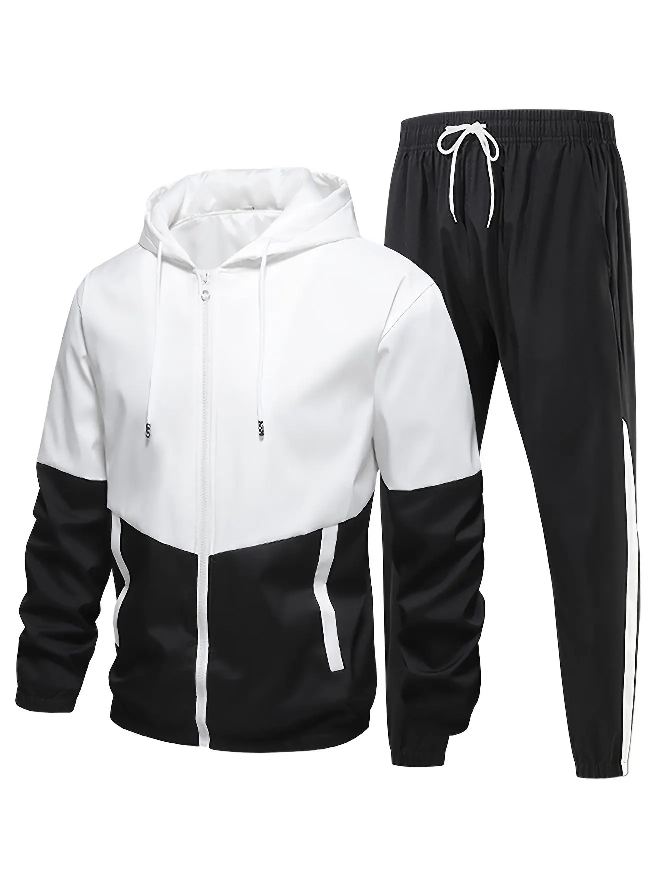 Men's 2-Piece Splicing Tracksuit Set - Polyester Sportswear with Hooded Top, Drawstring Below-the-Ankle Cuffed Pants, Ankle-Length Casual Sport Outfit, Athletic Sets, Activewear Running Outfits