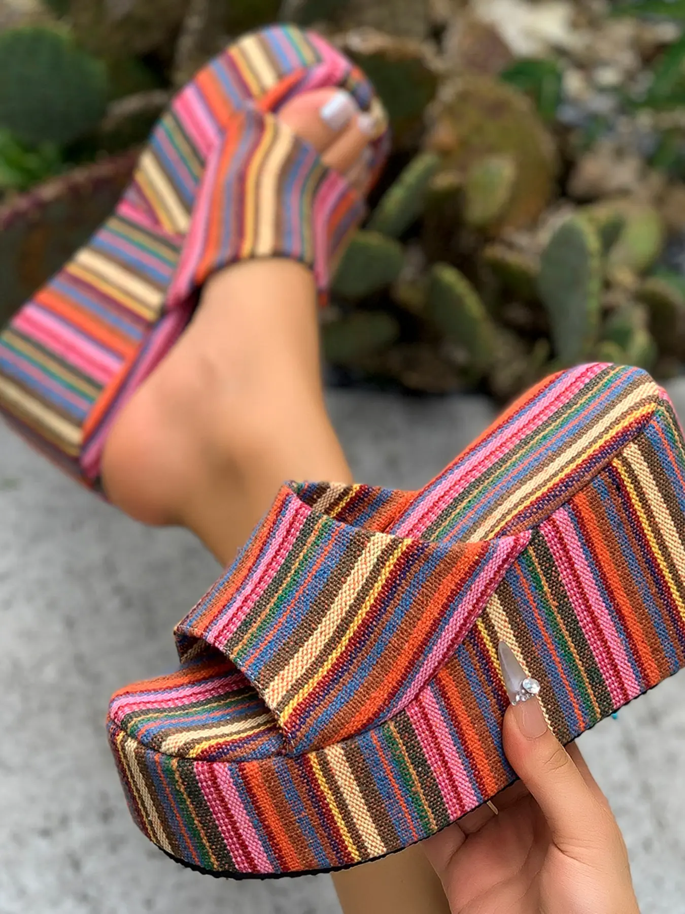 American Vintage Colorful Striped Stylish Casual Wedge Heeled Sandals, Women's Short Height Increase Thick Sole Slippers, Summer Outdoor Platform Stiletto Shoes