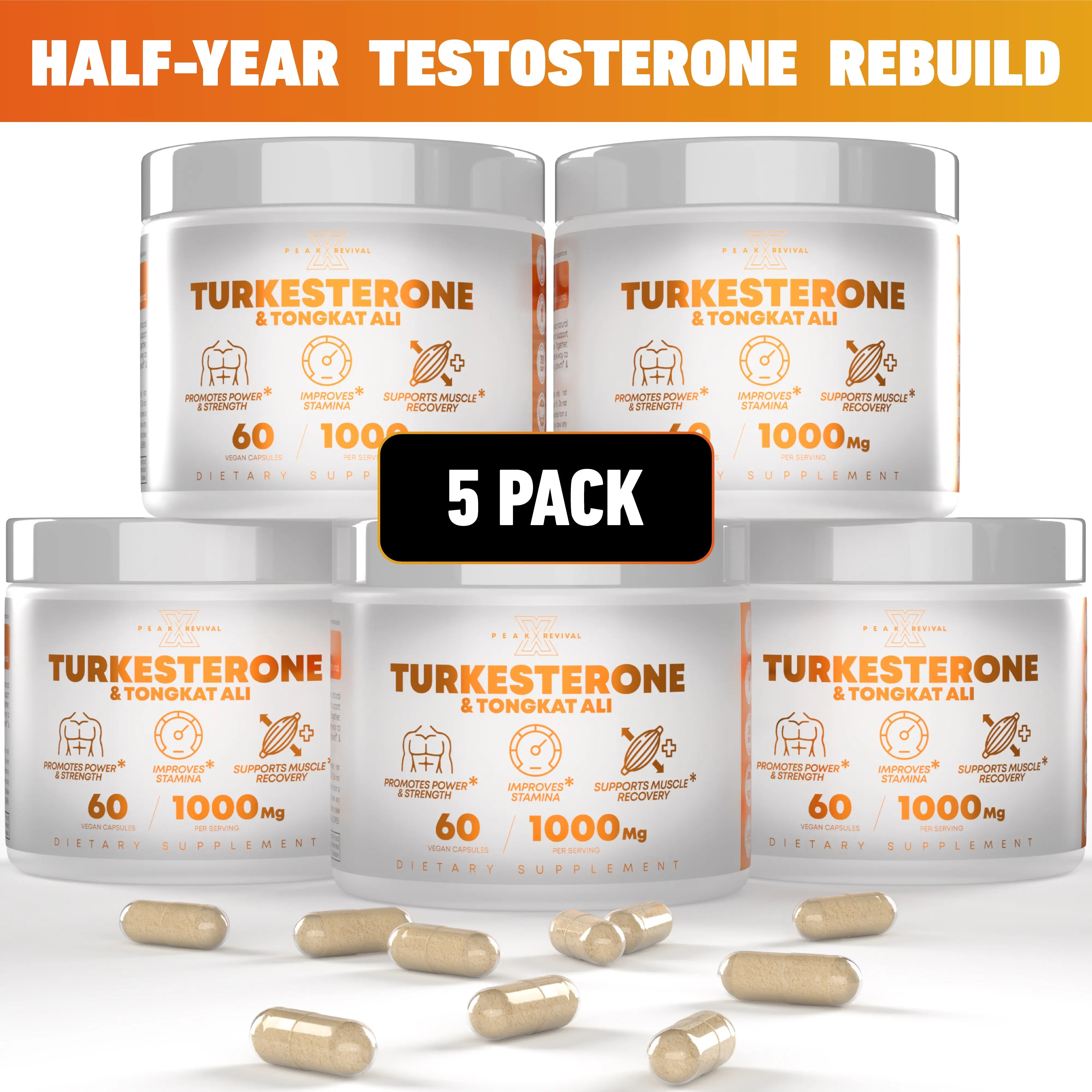 Peak Revival-X Turkesterone & Tongkat Ali 5-Pack – 1000mg Per Serving – 300 Capsules Total – Non-GMO Gluten-Free Dietary Supplement