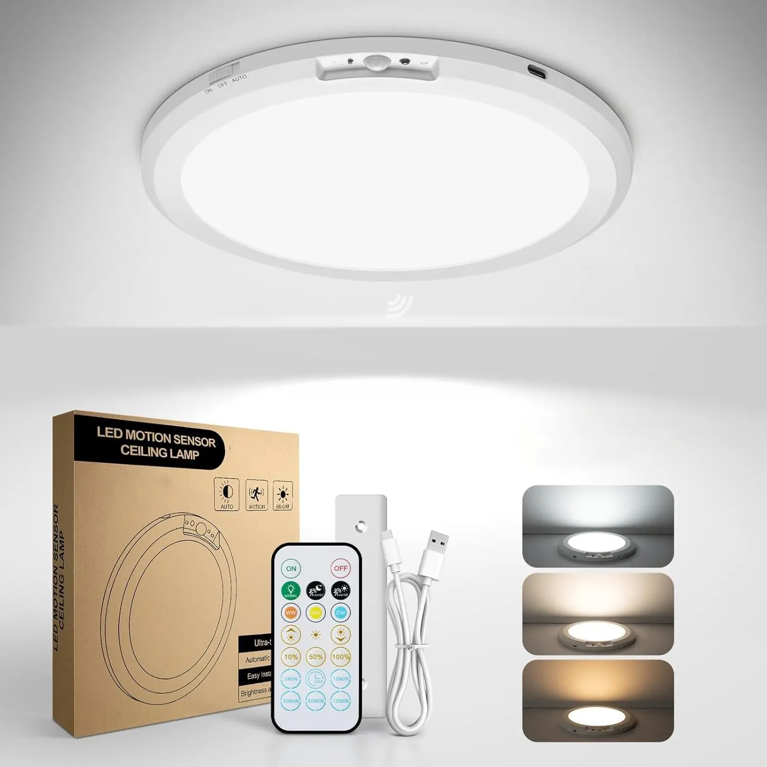 5000mAh Rechargeable Magnetic LED Ceiling Light Fixture with Remote, 7.09" Wireless Waterproof Shower Lights 3000K/4000K/6000K, Battery Powered Light for Closet Hallway Stairs, Motion Sensor Lights No Wiring, Indoor Lighting