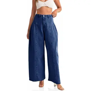 Imily Bela Womens Baggy High Waisted Jeans Loose Boyfriend Wide Leg Side Pleated Denim Pants