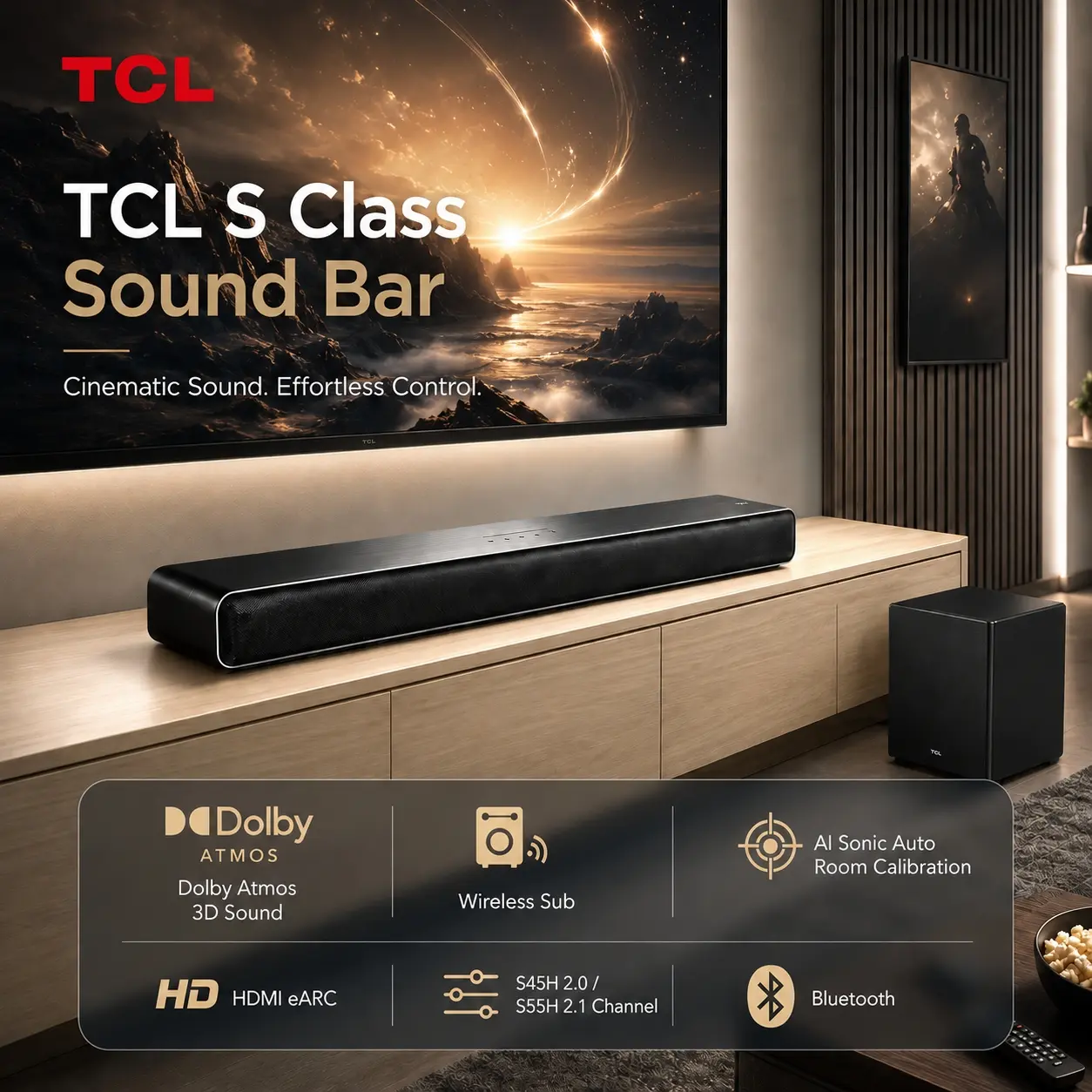 TCL S55H 2.1 / S45H 2.0 Sound Bar with Wireless Subwoofer for Smart TV | Dolby Atmos DTS:X Auto Room Calibration| 220W Power Wireless Bluetooth Home Theater Audio | App Control & Remote Control | Latest Model fathersdaygift