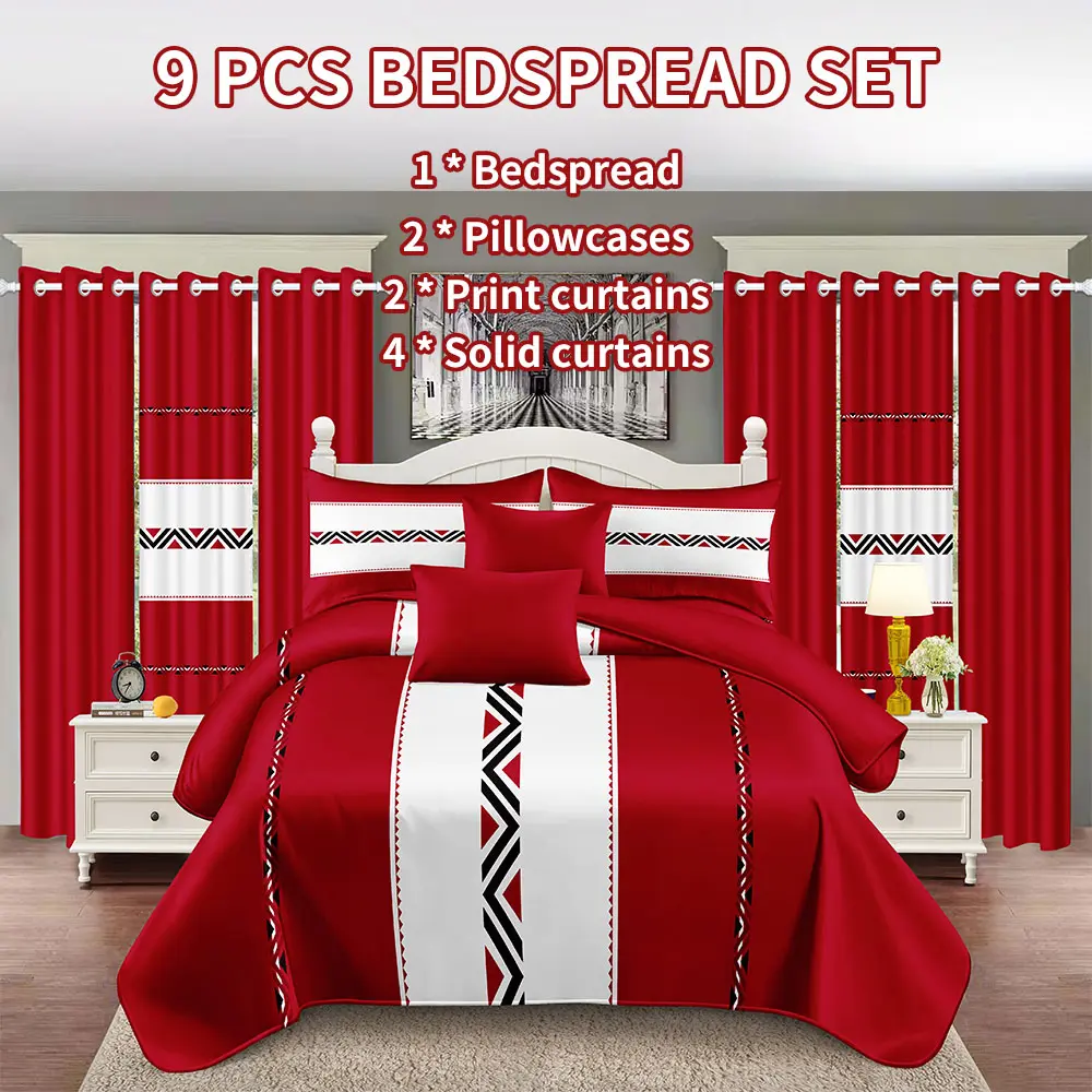 Surprise! 9-piece home decor set (various patterns available): bedspread 1 + printed pillowcases 2 + curtains 6 (printed ×2, solid color ×4), all-season, suitable for home decoration, making the bedroom more beautiful Bed Sheet Set