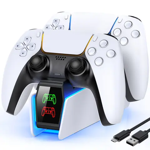 PS5 Controller Charger Dock Station with LED Light - Fast Charging Dual Dock for PS5 Accessories, 2.5-3 Hours Charge Time, 39-Inch USB-C Cable, Compatible with DualSense, DualSense Edge Controllers, 5V/2A Required