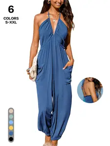 TFNOSIZE Women's Simple V-Neck Summer Beach Vacation Sleeveless Jumpsuit Elegant Halter Backless Strap Jumpsuit Women's Casual Sexy Breathable Wide-Leg Flowing Style Fashion Jumpsuit#TikTokShopStockUp