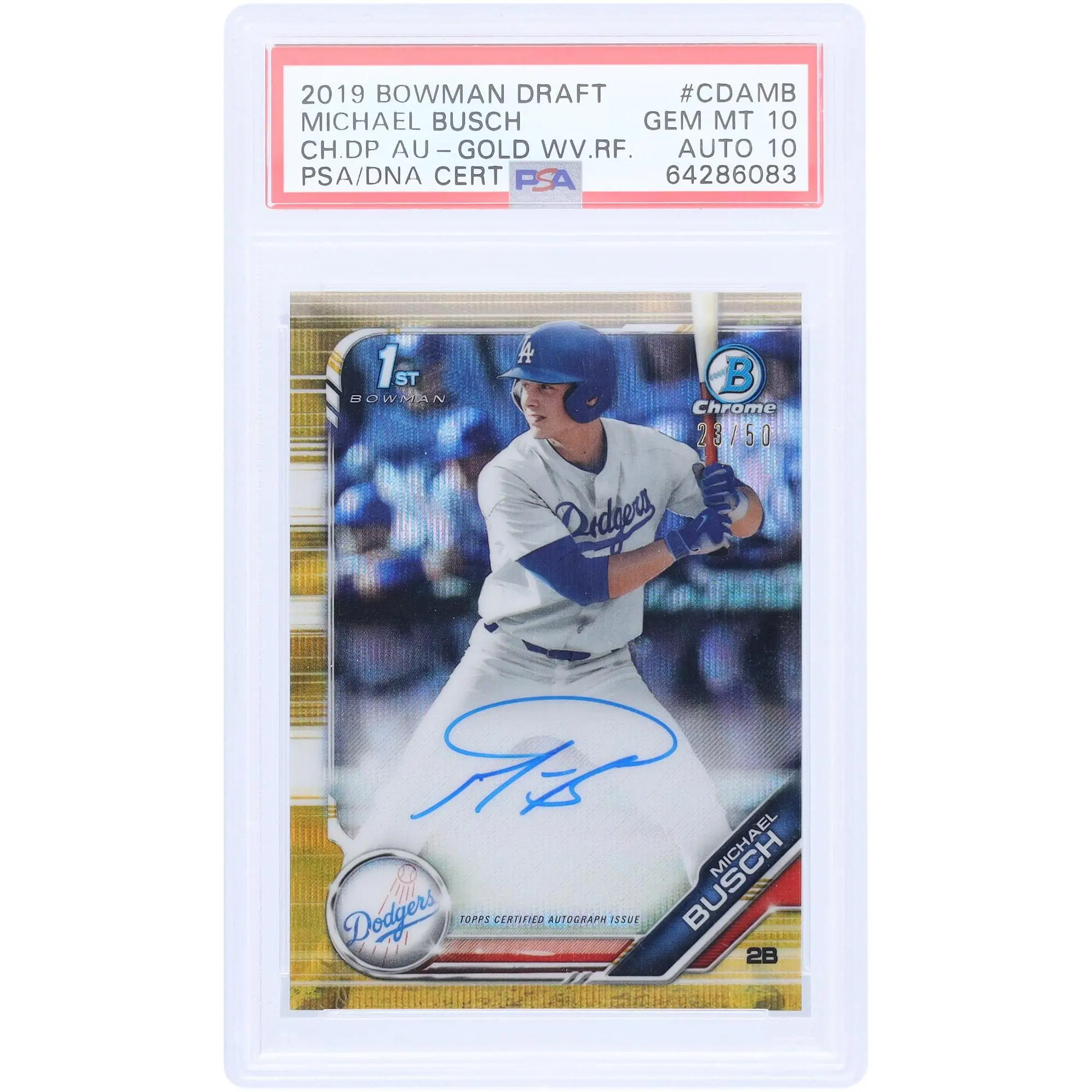 Michael Busch Los Angeles Dodgers Autographed 2019 Bowman Chrome 1st Bowman Gold Wave Refractor #CDA-MB #23/50 PSA Authenticated 10/10 Card - Fanatics Authentic Certified
