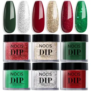 Glitter Dip Powder Set, 6 Colors Glitter Red Green Nail Dipping Powder, French Nail Art Gel Manicure Kit, Glitter Base French Tip for Nail Salon and Household DIY