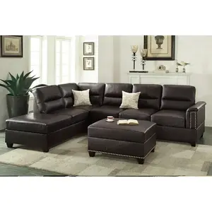 Poundex F7609 Collette Espresso Bonded Leather Seater Sectional Sofa - Furniture with Nail Head Trim Accents, Reversible Chaise for Modern Interior Design Living Room Lounge