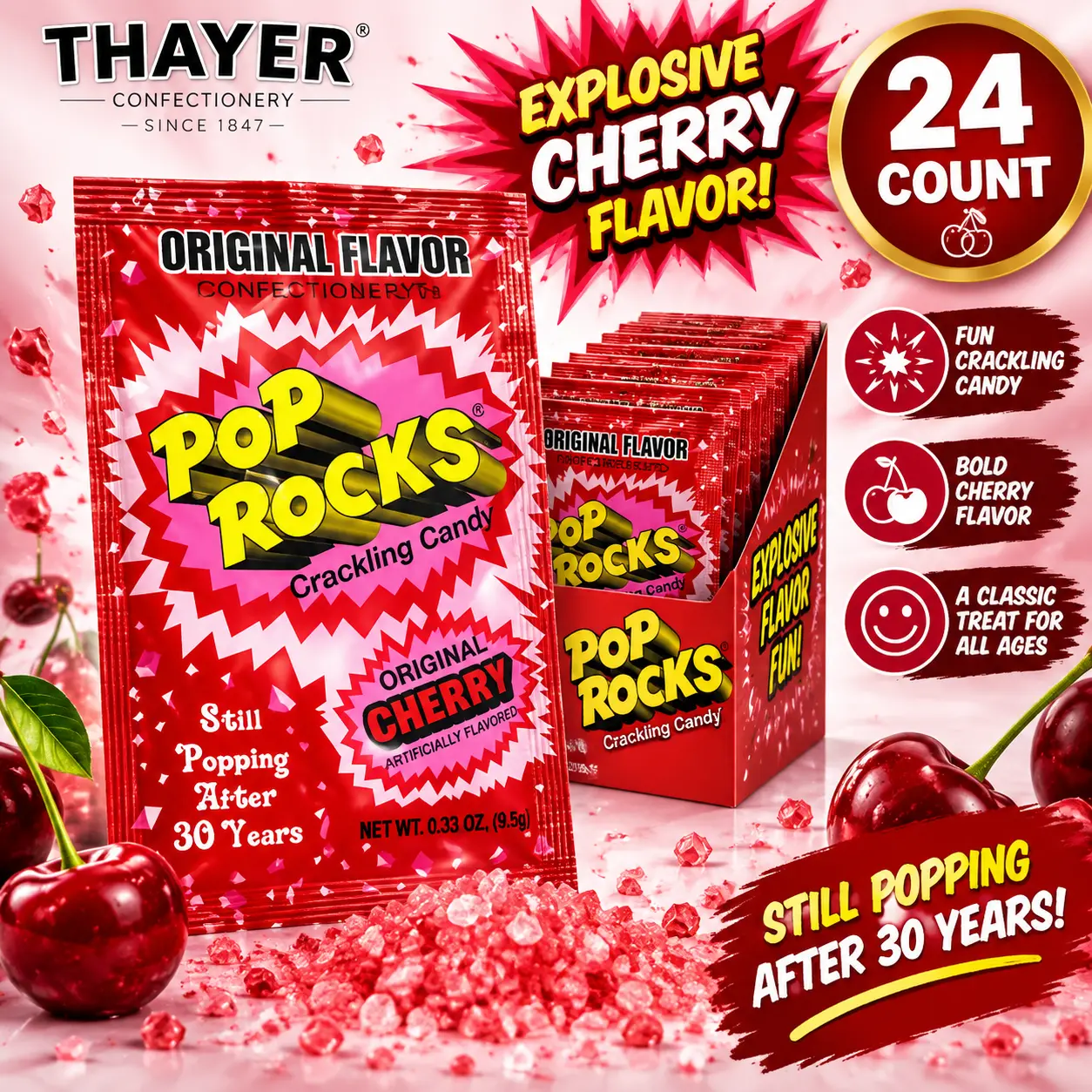 Cherry Crackling Sugar Candy 24 Count Pop Rocks Pack Fizzy Cherry Candy