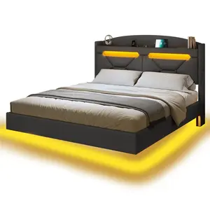 SIKAIC King Size Modern Floating Bed Frame with Adjustable LED Storage Headboard, Built-in Charging Station, Dark Grey Linen Indoor Bed Frame, Adjustable Led Headboard