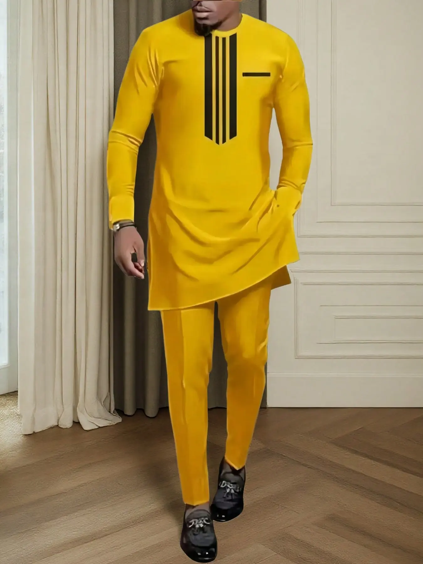 Men's African Ethnic Traditional Kaftan Set, Long Sleeve Round Neck Blouse & Pants, Elegant Formal Wear Classic Aesthetic Muslim Wedding Party, 2 Piece Suit for Men