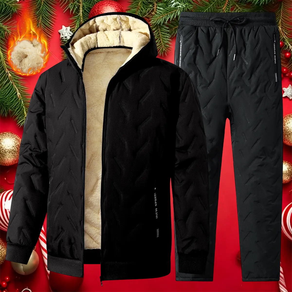 Men's 2-Piece Polyester Hooded Sherpa-Lined Quilted Tracksuit - Fitted Cut, Pull-On Pants, Windproof, Warm Winter Outfit for Daily Walks, Road Trips