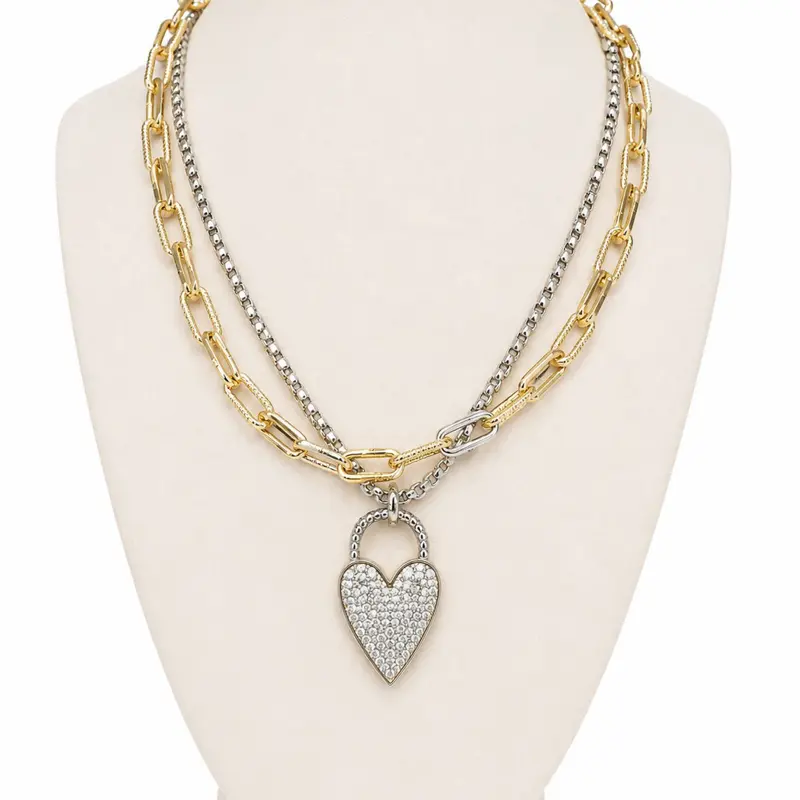 Mixed Metal Heart Double Chain Necklace