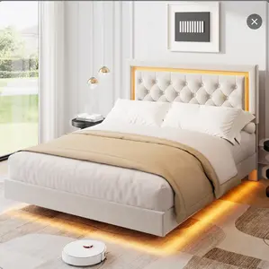 SA-Garvee Floating Bed Frame with Smart LED Lights, Upholstered Full Size Bed Frame with Diamond Tufted Headboard, Solid Wood Slats Support, Noise-Free, No Box Spring Needed, Easy Assembly, White