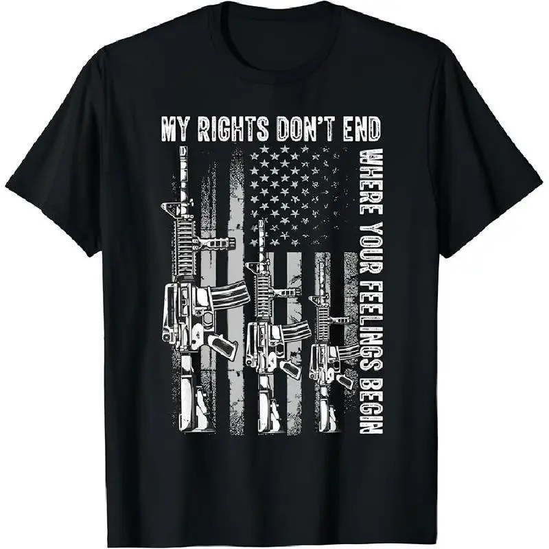 Men's T-shirt My Rights Don't End Where Your Feelings Begin USA Flag Gun T-Shirt, Graphic Tee, Gift Shirt, Cotton Shirt, Gift for Men Casual Fit Streetwear Round Neck Black Crewneck Tops Menswear Tshirt