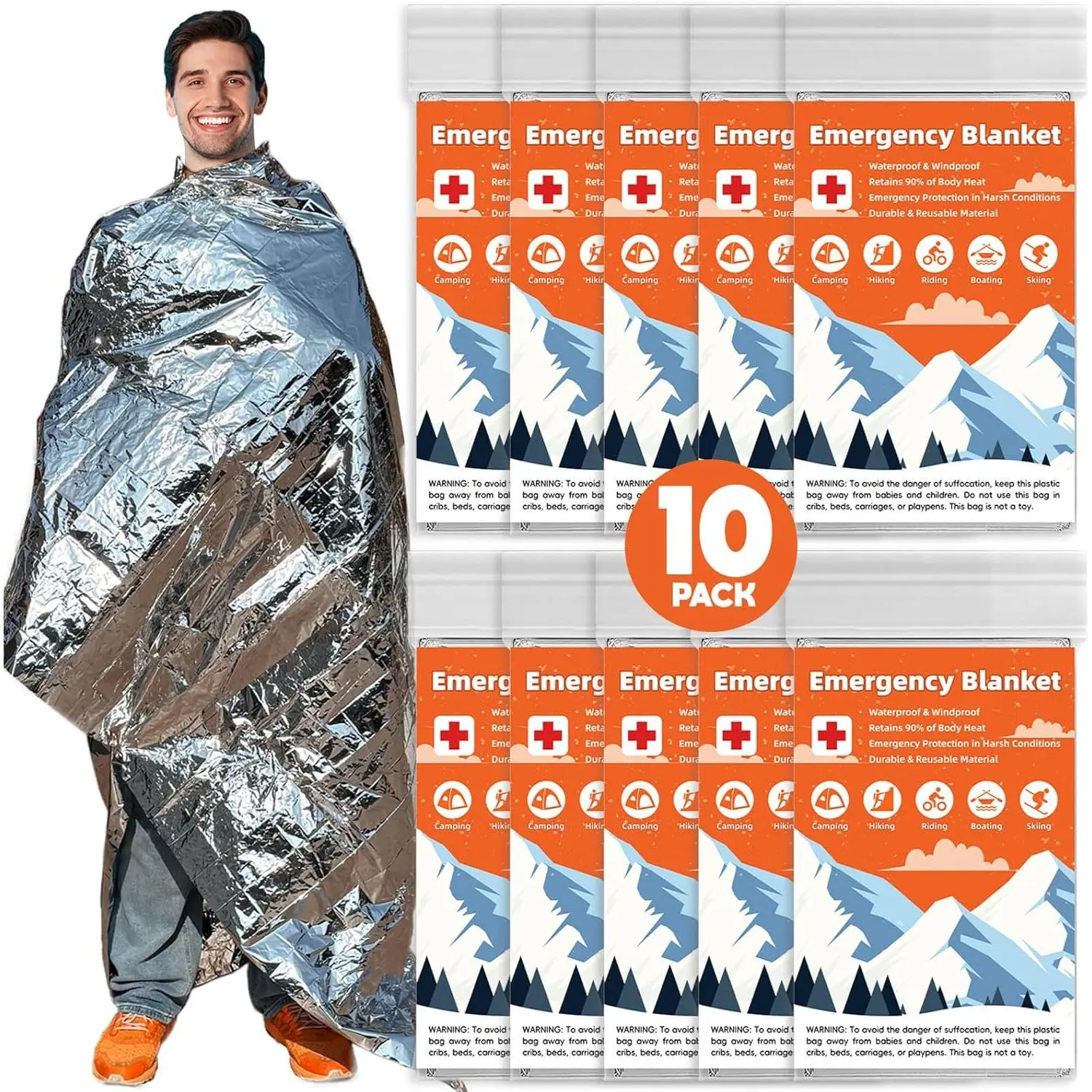 10 Pack  Thermal Blanket , Mylar Blankets for Outdoor, Space Blanket,  Foil for ,  Kit Camping Blankets,  Warmer, , Hiking 84" x 52"