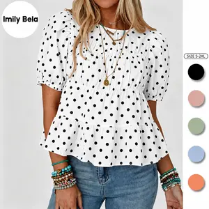 Imily Bela Womens Puff Sleeve Peplum Babydoll Tops Summer Smoked Pleated Cotton T-Shirts Casual Loose Fit Flowy Blouse