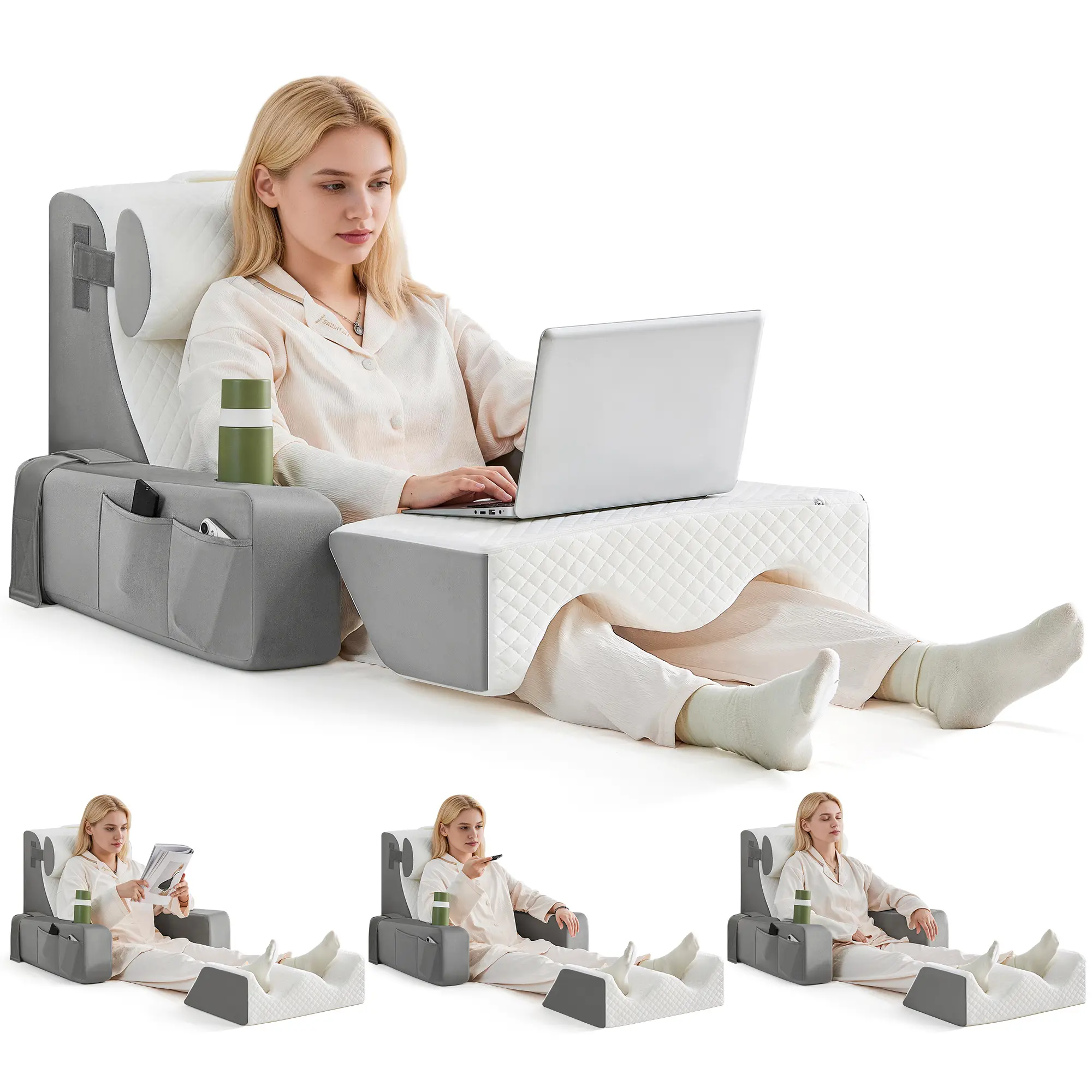 Supportive Backrest Reading Pillow with Arms, Side Pockets, Cup Holder, Cushion - Bed Back Rest for Sitting Up in Beds, Sofa, Floor Use for Reading, Gaming, With Cushion