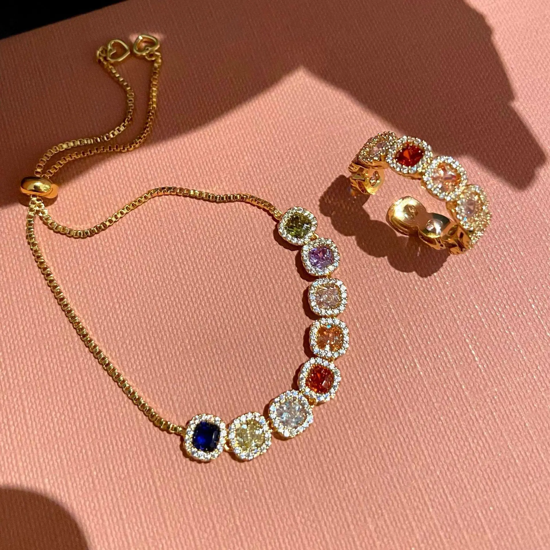 Rainbow Crystal Bolo Bracelet, Adjustable Gold Plated Square CZ Tennis Bracelet, Dainty Colorful Stackable Jewelry for Women, Elegant Everyday Wear