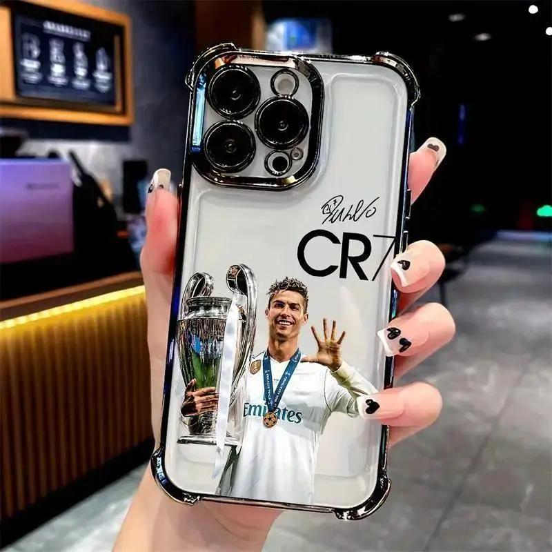 Custom CR7 Football Star Golden Ball Patterned TPU Cellphone Case - Durable, Shockproof, Transparent Soft Back, Anti-Fingerprint, Camera Protection Football Fashion Accessory for Multi-Model iPhone 17 Air,16-11 Pro Max Plus & Samsung S25-S22 Plus Ultra