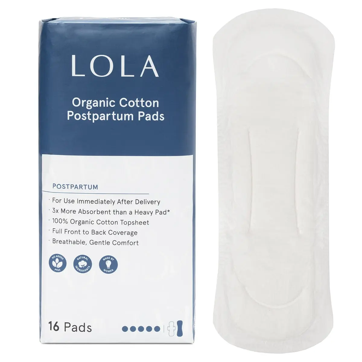 LOLA Organic Postpartum Pads - 16ct - Ultra Comfort and Leak-Guard Protection