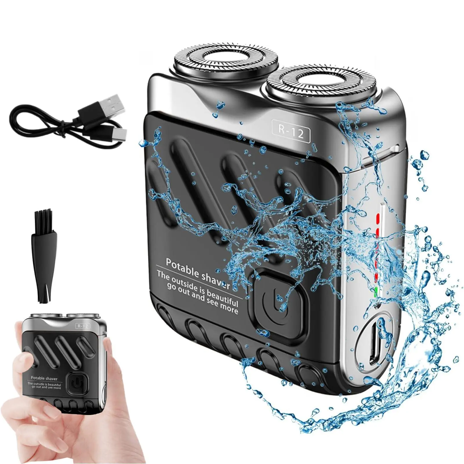 R-12 Mini Electric Shaver for Men, Lightweight Waterproof Rotary with Double-Ring Head & Smoothshave Steel Blade, TYPE-C Rechargeable for Travel, Smoothshave Blade