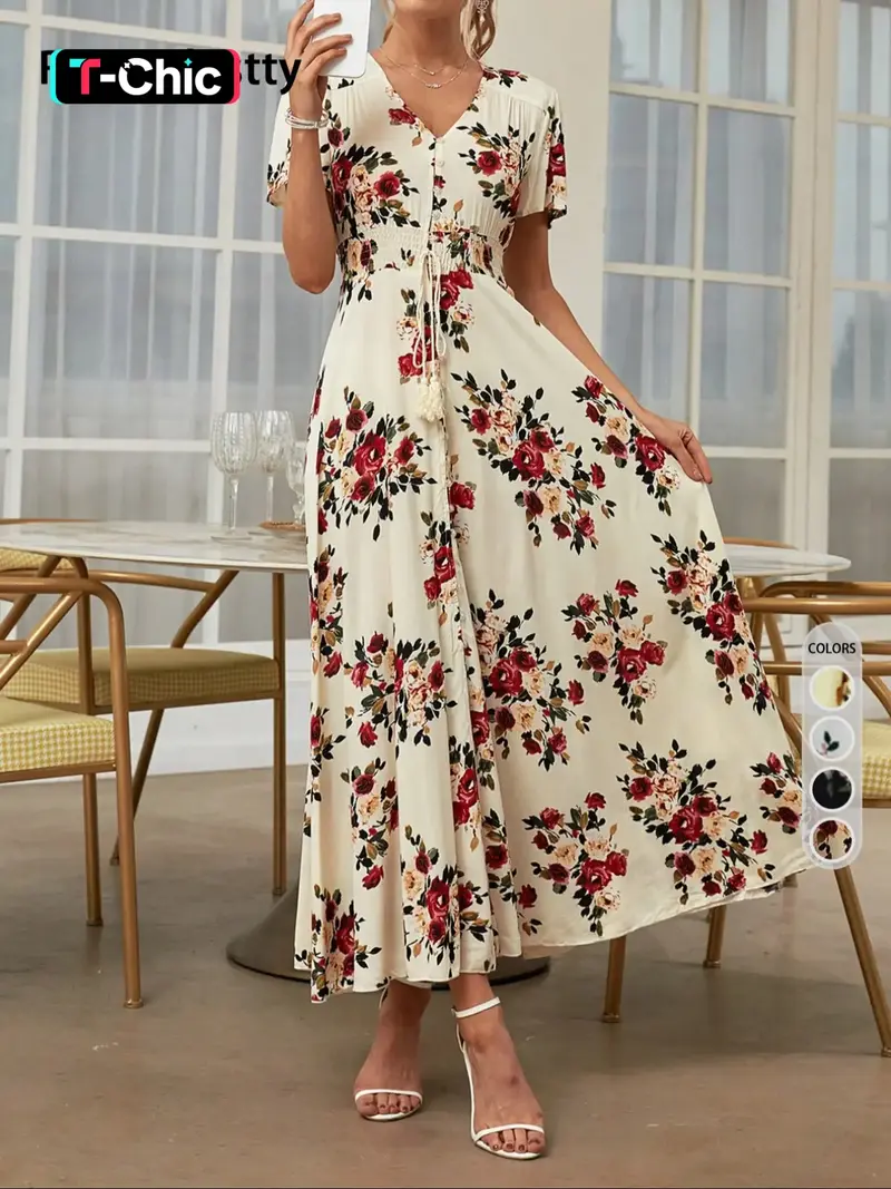 green emerald velvet dress Womens Summer Floral Dress Casual Summer Short Sleeve Dress Crewneck Flowy  Midi Elegant Work Dresses with Belt Tiered Ruffle Wedding Guest Sundress  High Waisted Classy Long Teacher Dresses at Amazon Women's Clothing main image 1