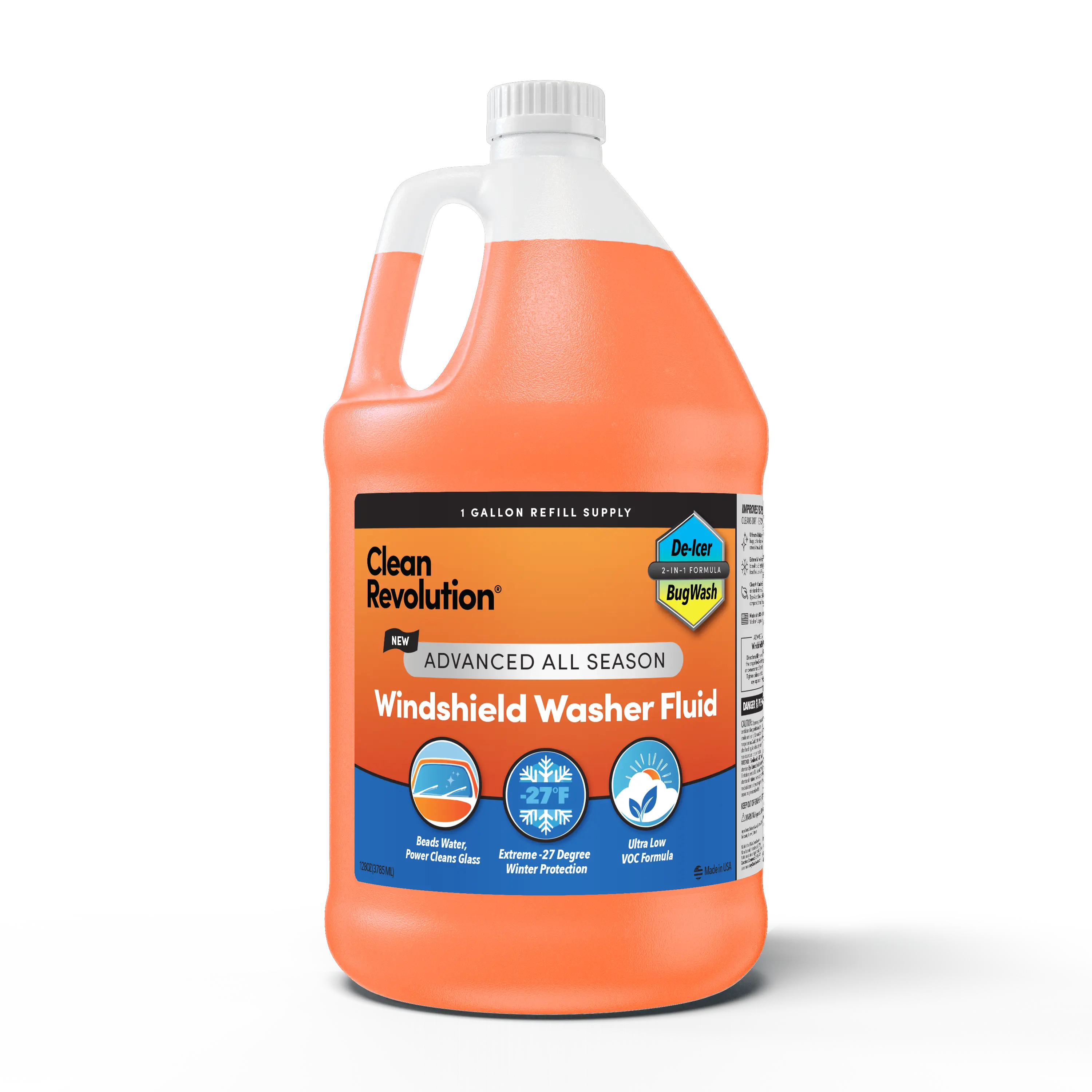 Clean Revolution Advanced All Season Windshield Washer Fluid 1 Gallon Refill Supply with Winter De-Icer & Summer Bug Wash for Ultimate Visibility and Extreme Winter Protection