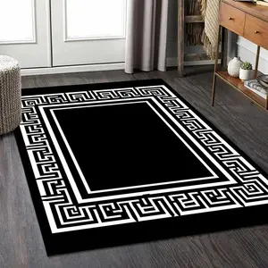 Luxury Black White Greek Key Pattern Flannel Area Rug - Classic Meander Border Print Geometric Area Rug Soft Mat for Living Room, Non-Slip Modern Home Decor#GreekKeyRug #MeanderBorderMat #ClassicBlackWhiteDecor #ModernCarpet #NonSlipFlannelRug