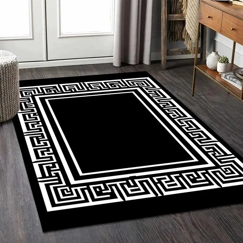 Luxury Black White Greek Key Pattern Flannel Area Rug, Living Room Rugs, Decorative Rug - Classic Meander Border Print Geometric Area Rug for Living Room, Non-Slip Modern Home Decor