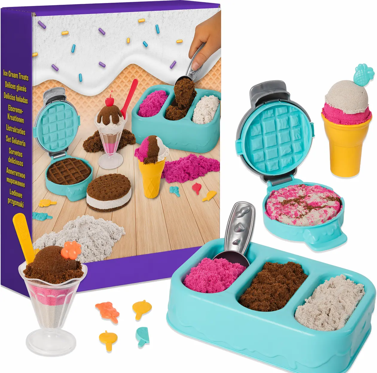 Kids' Scented Play Sand Ice Cream Treats Playset - Play Sand Kit with 3 Colors, 6 Tools, Creativity-Boosting Children Development Sensory Kids Toys for Ages 3+, Indoor-Outdoor Crafts