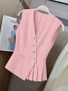 Women's Pure Color Sleeveless Pleated Hem Vest, Chic Elegant Commuter Style Slant Button Waist Cinching Pocket, Casual Office Outerwear