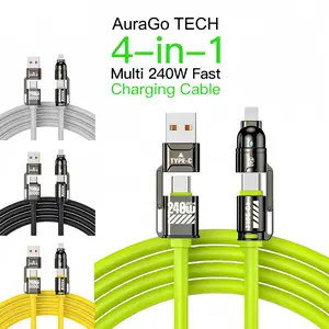 [Fast Shipping] AuraGo TECH 4-in-1 Multi 240W Fast Charging Cable with USB A Type C Lightning for iPhone17 Samsung Laptops Charger Cellphone
