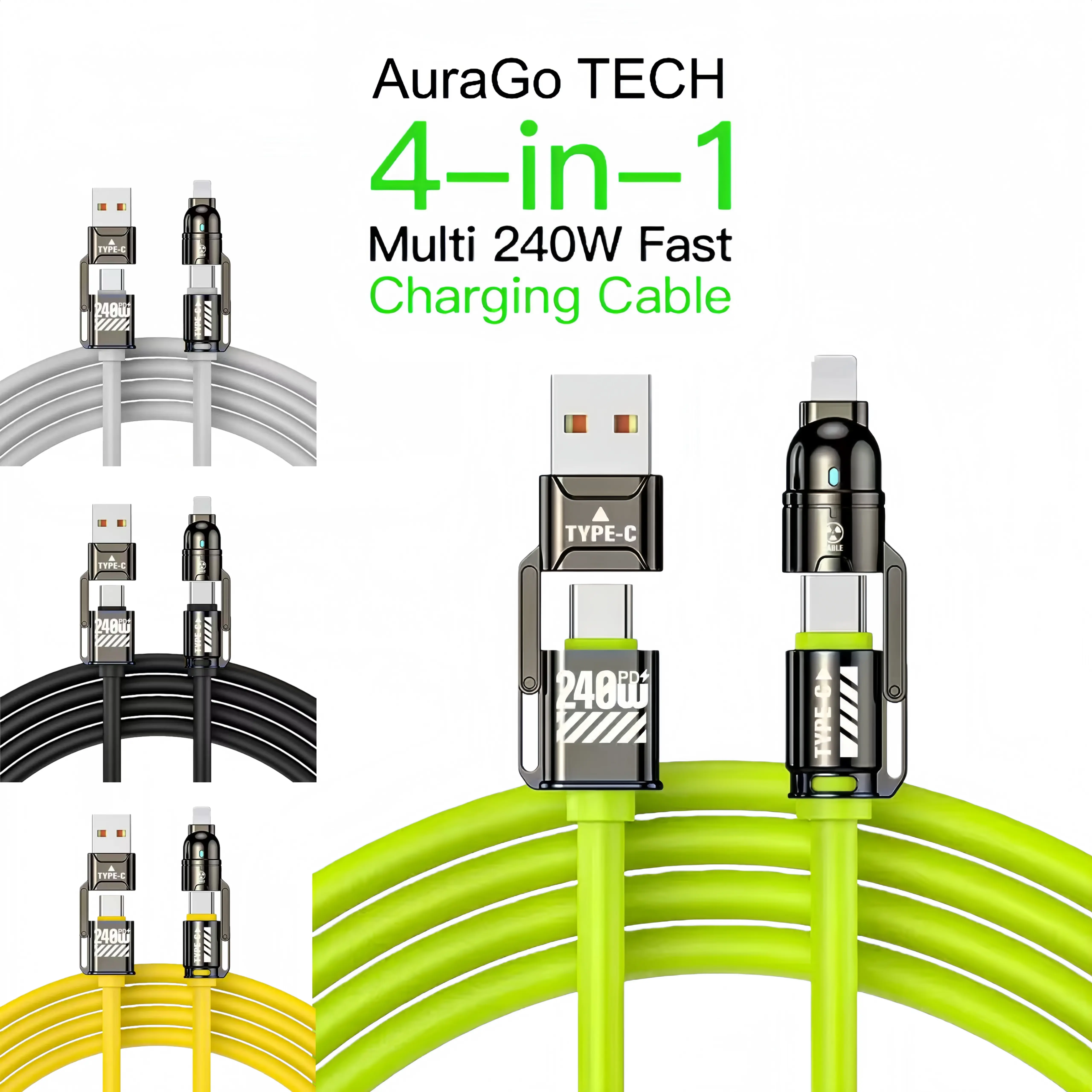 [Fast Shipping] AuraGo TECH 4-in-1 Multi 240W Fast Charging Cable with USB A Type C Lightning for iPhone17 Samsung Laptops Charger Cellphone Smartphone Electronic Power Adapter Kit
