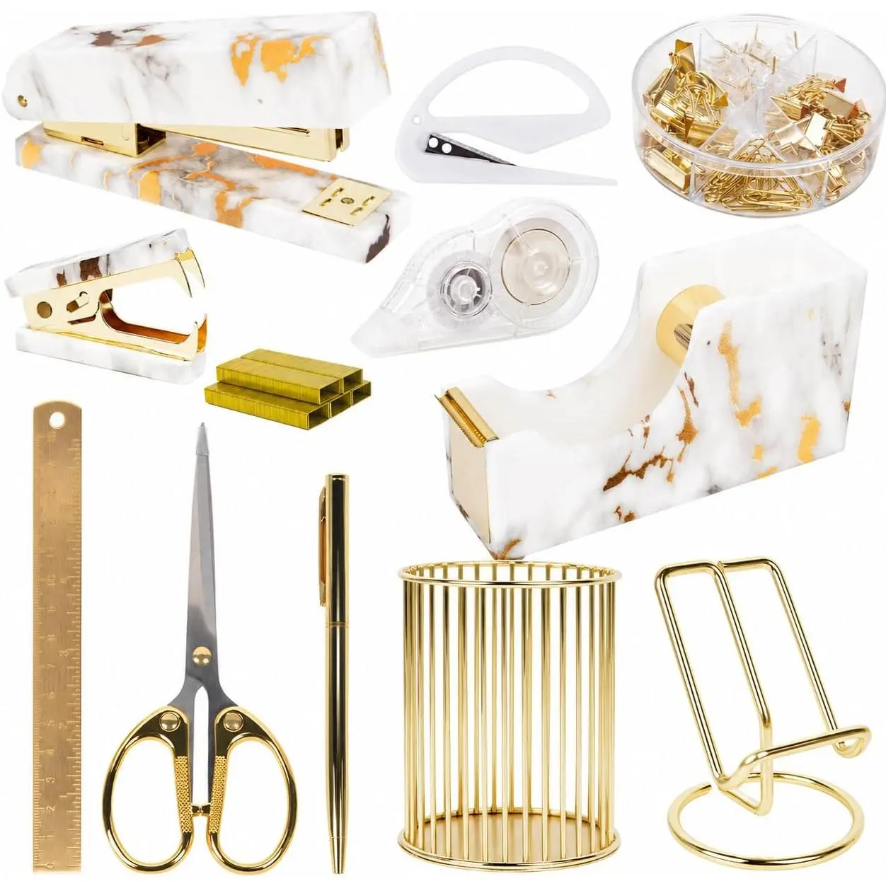 Office Desk Accessories Supplies - 13 Pcs Women Gold Marble Desk Decor Set, Cute Aesthetic Office Essentials Kit, Stapler Tape Dispenser Pen Organizer, Acrylic Mini Teacher Stuff for School Home Work : Office Products