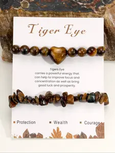 Vintage Natural Tiger Eye Heart Bracelet Unisex Valentine's Day Gift Irregular Stone Beaded Chain with Card Good Blessing New Year Present Heart Charm Bracelet Bead Bracelets Jewelry Gifts