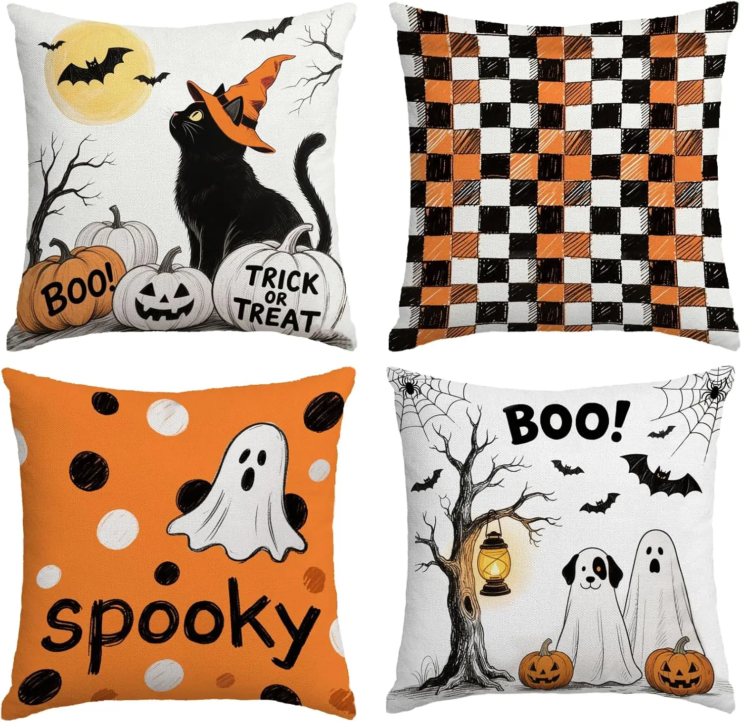 Halloween Ghost Pillow Covers 18x18 Inch,Set of 4 Vintage Halloween Decor Indoor Outdoor Throw Pillow Covers, Trick or Treat Orange Black Linen Cushion Case for Home Sofa Couch Bedroom Chair