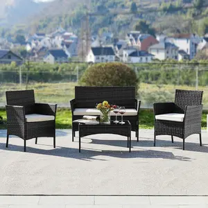4 Piece Outdoor Patio Furniture Set with Soft Cushion and Glass Table Manual Weaving Wicker Rattan Patio Chairs For Garden