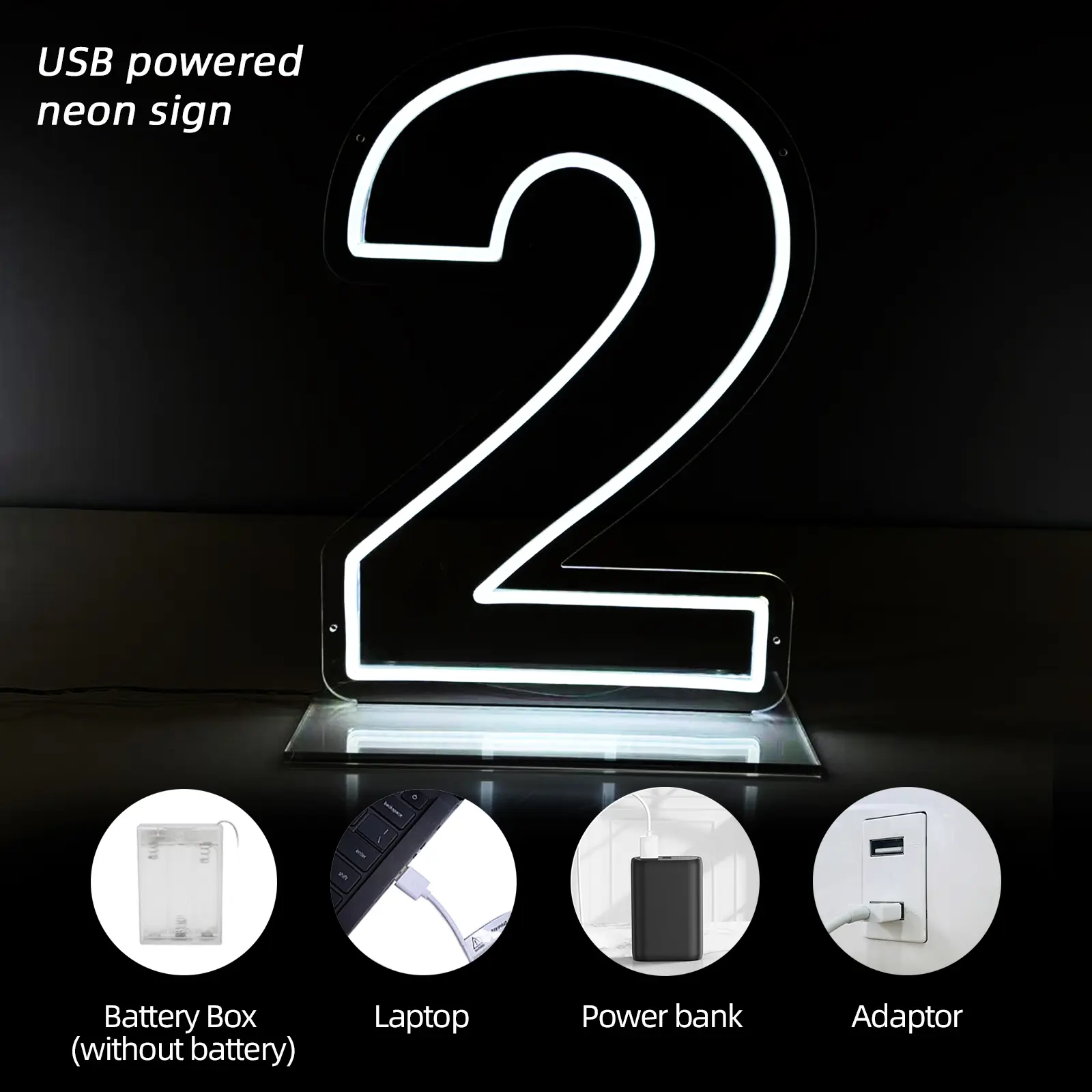 2 Acrylic Neon Light - Sleek Minimalist Design, 5V Input USB Powered Sign with Battery Box, Laptop Power Bank Adaptor for Home & Office Decoration, Interior Illumination Lights