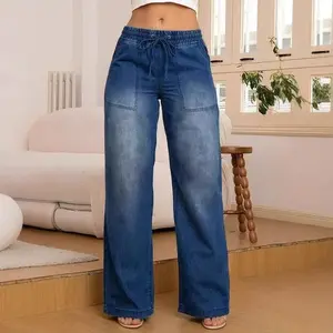 2025 New Women's Casual Slim Fit Jeans with Drawstring Waist Dark Blue Straight Leg Pants for Versatile Everyday Wear