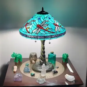 Turquoise Blue Green Tiffany Style Stained Glass Dragonfly Table Lamp 25in