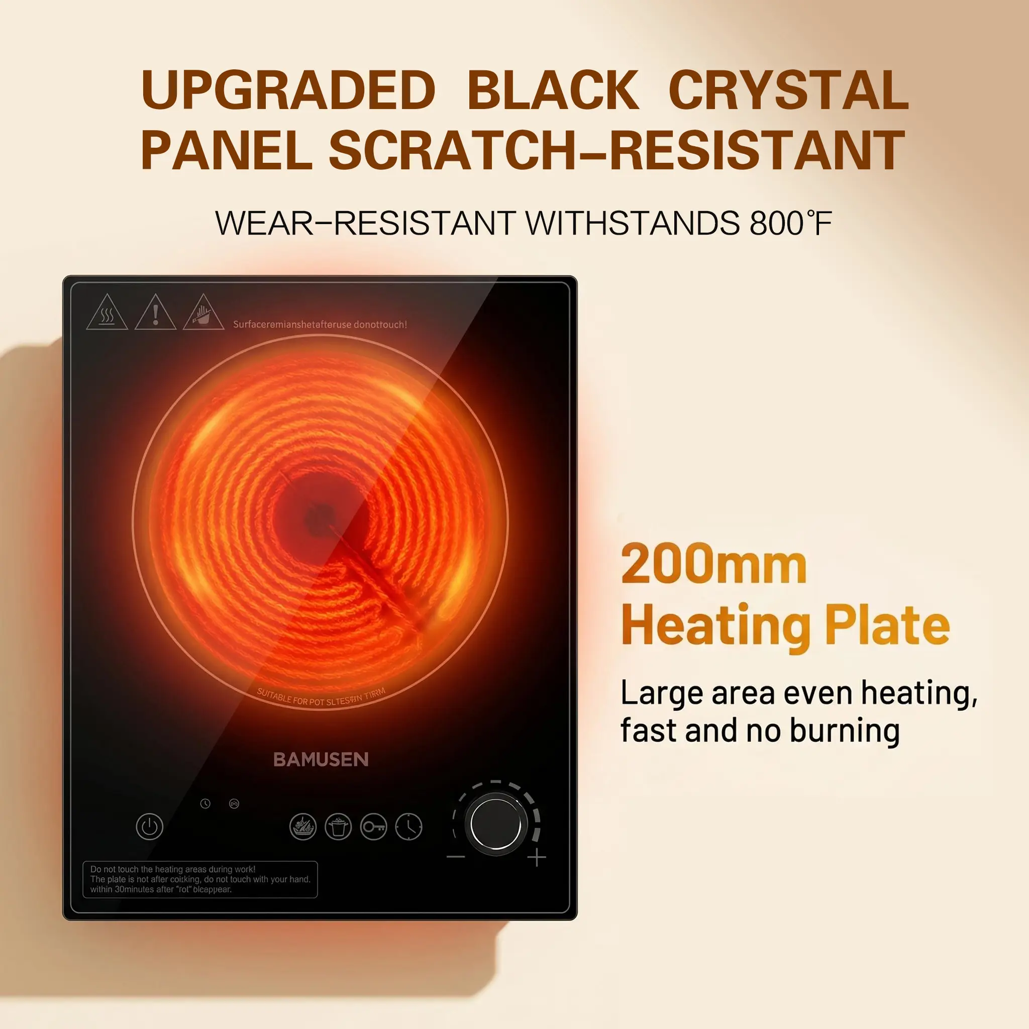 Bamusen Portable & Embeddable Electric Ceramic Cooktop Countertop Hot Plate Stove Cooker, 1500W High Power, 9-Level 150℃-550℃ Power/Temp Control, 2H Timing, Built-In Child Lock, Easy-to-Clean, All Cookware Compatible, Home Kitchen & Outdoor Use, Outdoor C