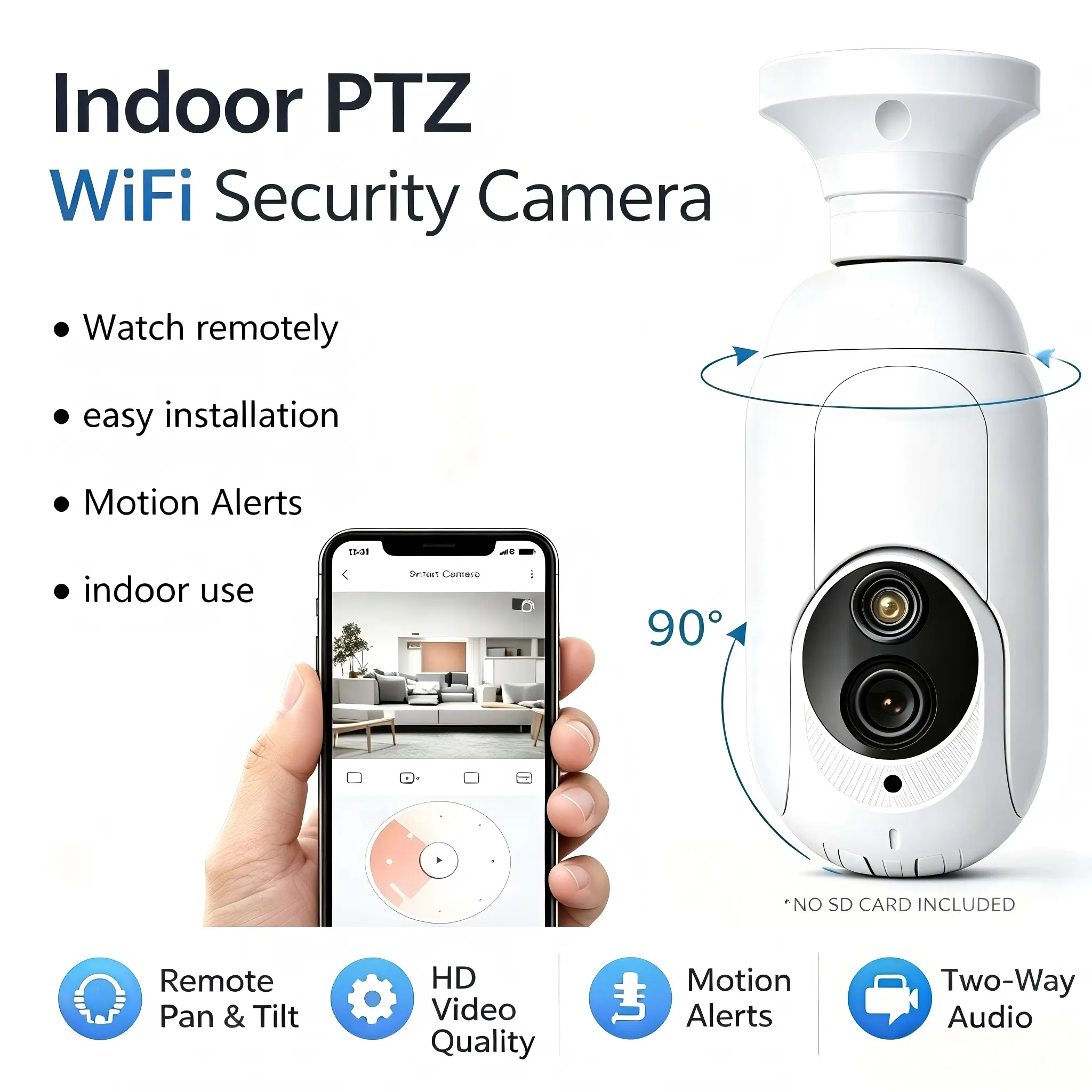 PTZ Indoor Security Camera with WiFi, HD Video, Color Night Vision, Two-Way Audio, Motion Alerts, Flexible Viewing Angles