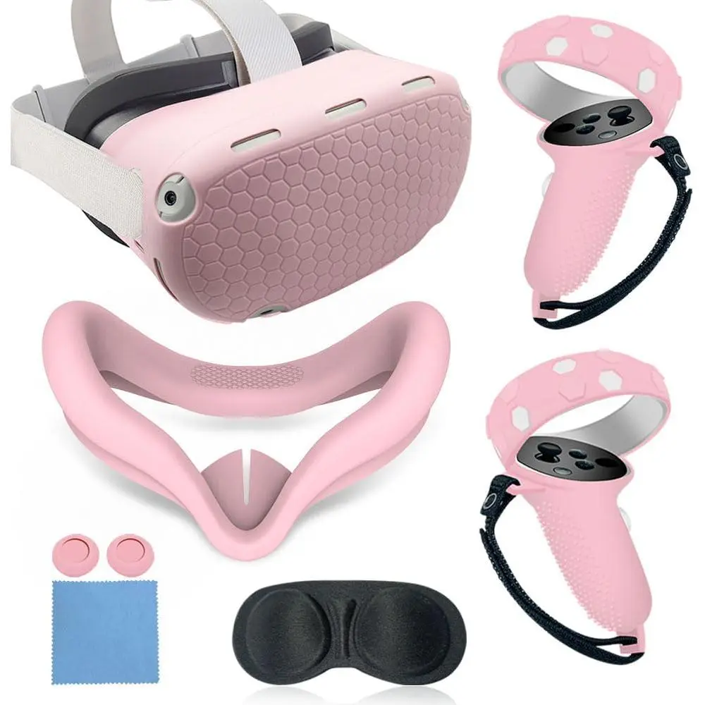 Cover Set Compatible with Oculus/Meta Quest 2 Accessories,Includes Controller Grips Button Caps &  Cover, Shell Cover, Lens Cover, for Quest 2_Pink