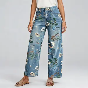 Women's Vintage Floral Embroidery Jeans, Trendy Straight Wide Leg Denim Trousers, Comfy Stretchy Bottom Clothes for Spring-Autumn Daily Casual Wear