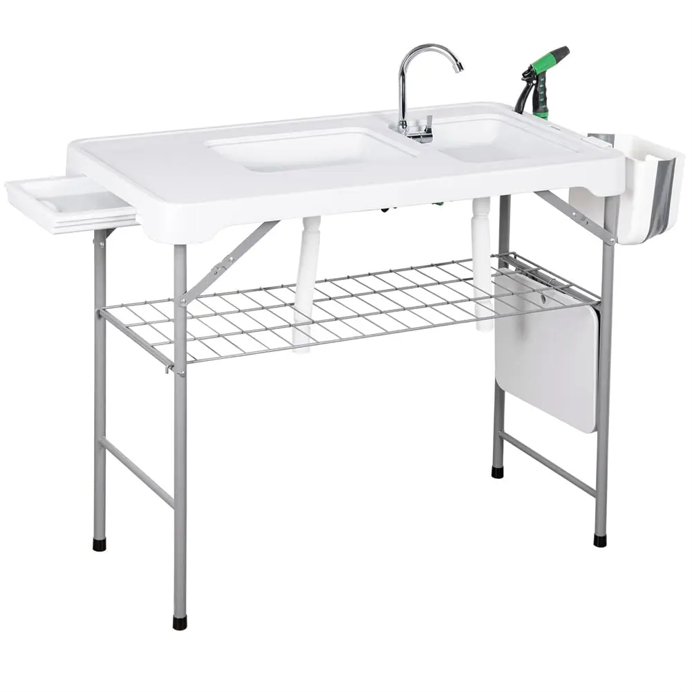 Stainless Steel Foldable Outdoor Cleaning Table (42.5in) - Portable Sink with Sprayer, Storage Grooves, Storage Box Container - Easy Setup for Camping, Picnics, Folding